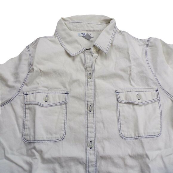 Old Navy Womens Shirt Medium Blue White Button Up Dip Die Long Sleeve Pockets - Picture 2 of 4